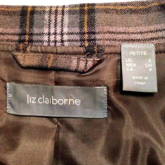 Liz Claiborne Button Front Swing Wool Brown Plaid Jacket Blazer Petite Small Vtg - Picture 4 of 5